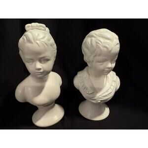Vintage Young Victorian Boy & Girl Porcelain Busts - 9", Cottage Core Decor